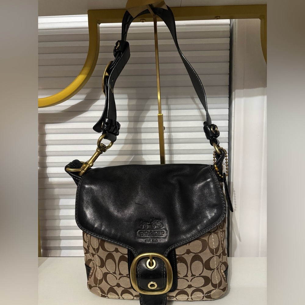 Coach Black and Tan Signature Shoulder Bag